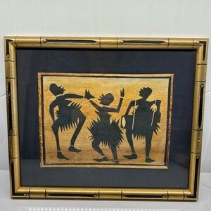 Framed Vintage African Handmade Banana Leaf Tribal Dancing Picture